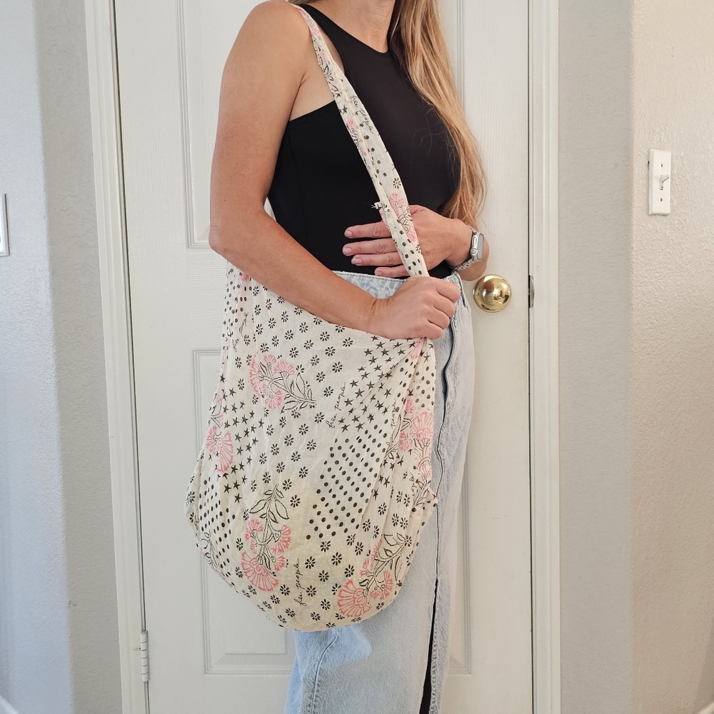 Free People Reusable Large Tote Bag With Pink Flowers Hippie Lightweight Cut